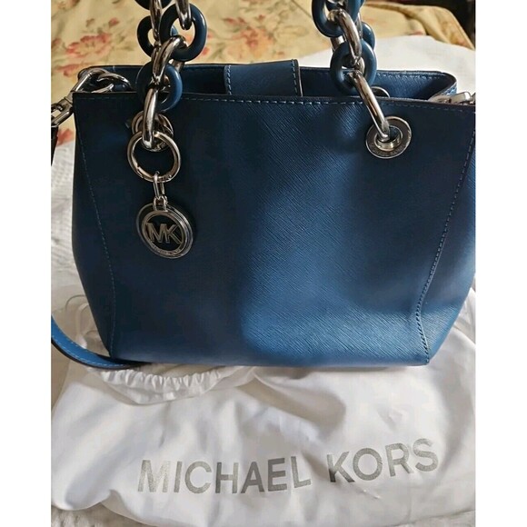 MICHAEL Michael Kors Cynthia Medium Saffiano Blue Satchel Bag $398 EUC - Picture 1 of 16